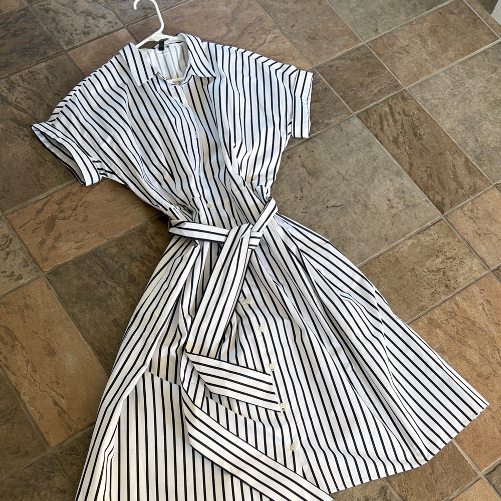Talbots Striped Shirt Dress with Self-Tie Belt - White & Black